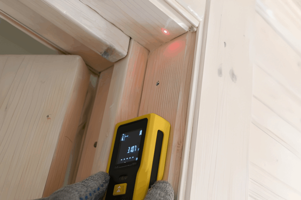 Carpenter using a laser measure to record a door rough opening before ordering.