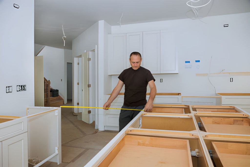 Contractor measuring a Toronto kitchen during a renovation.