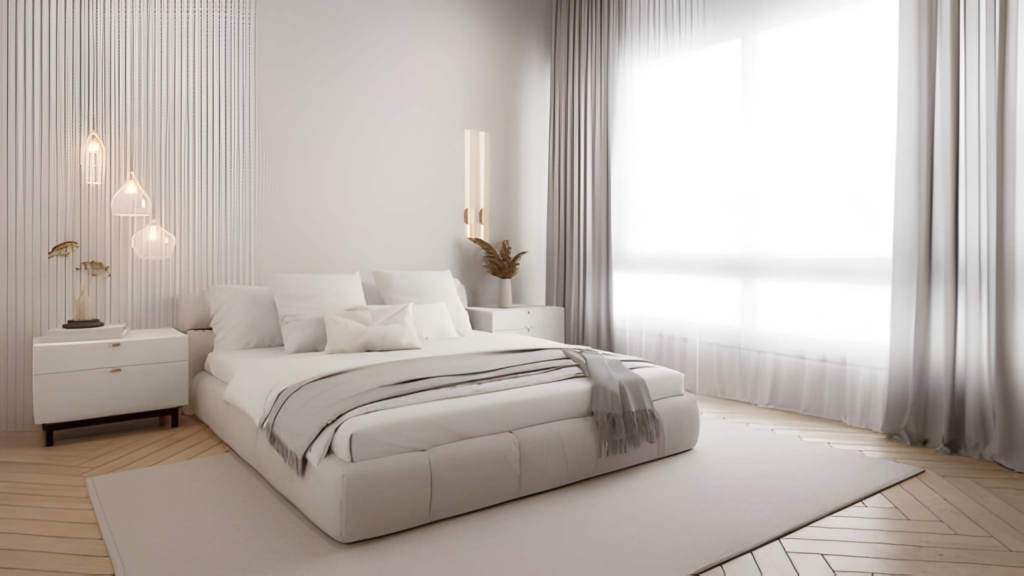 Calm neutral Toronto bedroom with upholstered bed and rug.