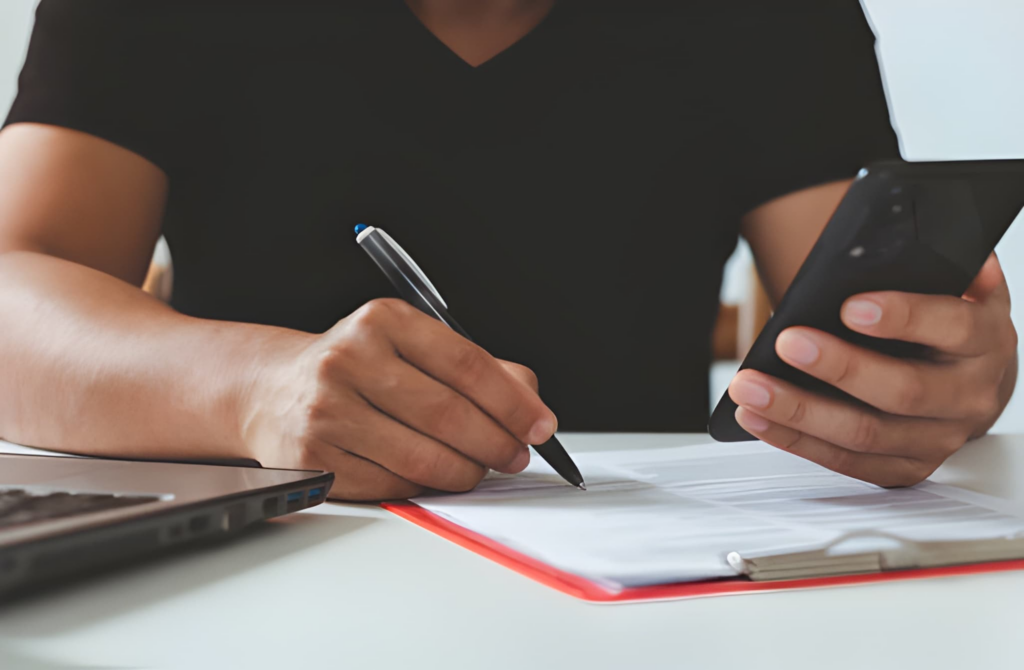 homeowner signing renovation contract at kitchen table.