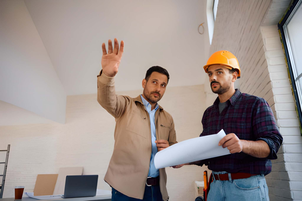 Home owner and contractor cooperating while analyzing blueprints.