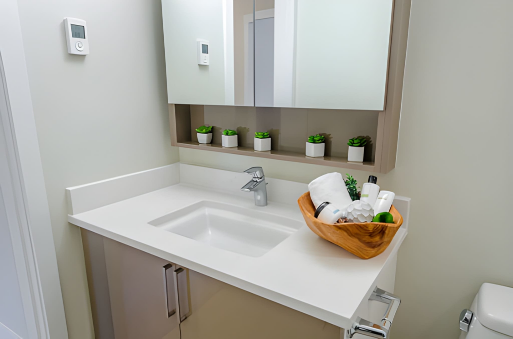 Recessed medicine cabinet storage solution for a Toronto powder room.