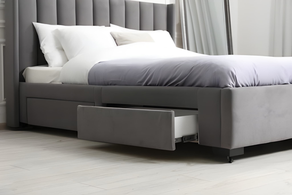 Upholstered storage bed with drawers open in a tidy bedroom.