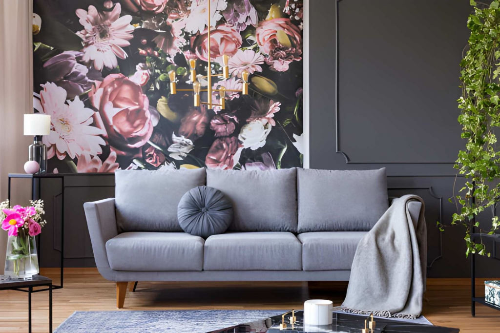 landing image top - modern living room with fresh paint & new floral wallpaper