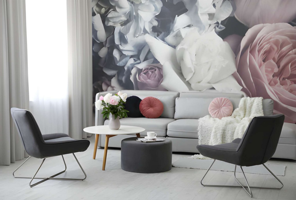 explore our work image 2 - modern living room with new flower wallpaper