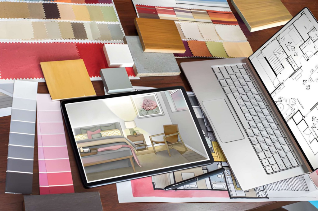 landing image top - floor plan, 3d render, and material samples