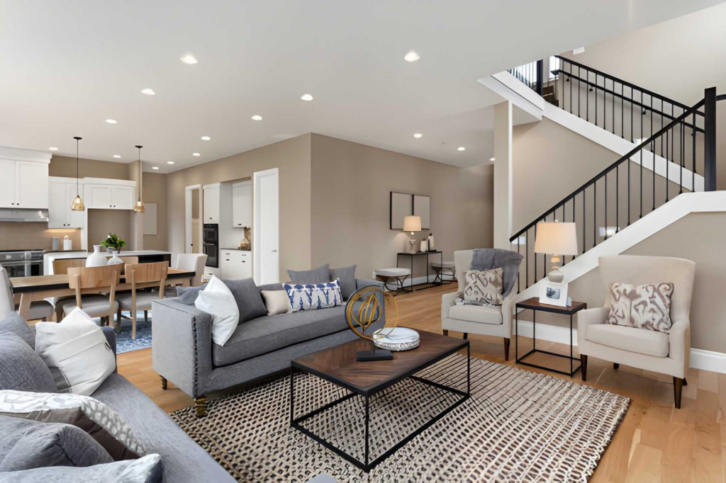 hero image - modern living room after full home renovation & interior design