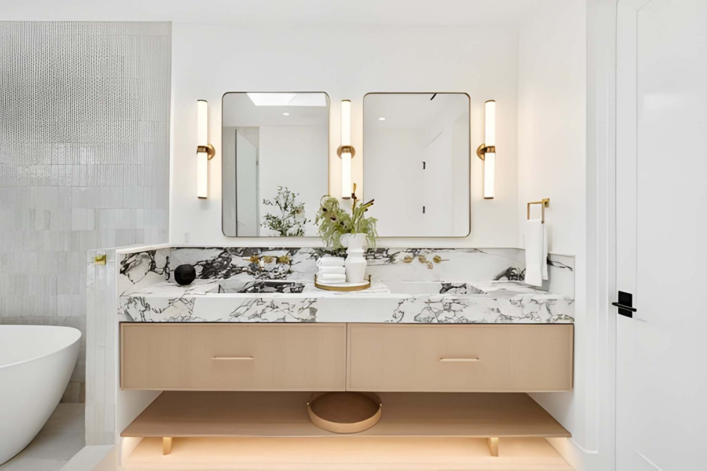 hero image - modern bathroom with dual mirrors & sinks