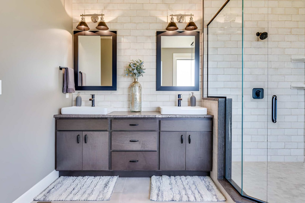 modern remodeled bathroom, double mirror, double sink, & walk-in shower