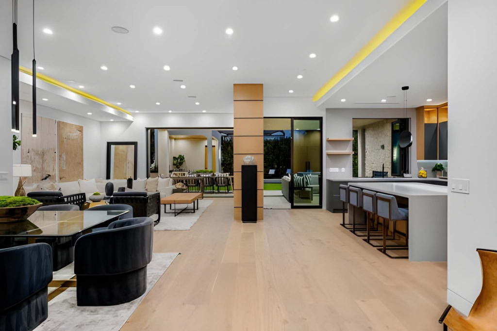 modern open concept living room after flooring installation